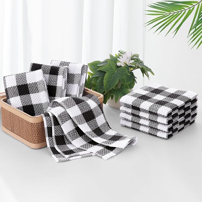 Homaxy Kitchen Towels and Dishcloths Set, Set of 8, Black & White | Bulk Cotton Waffle Weave Check Plaid Kitchen Towels, Super Soft and Absorbent Dish Cloths, 12 x 12 and 13 x 28 Inches