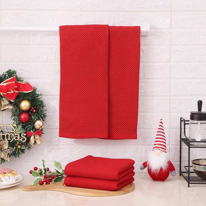 Kitinjoy 100% Cotton Waffle 6-Pack Kitchen Towels, 13" x 28", Red | Super Soft, Ultra-Absorbent, Fast Drying, lightweight, Quick Drying Kitchen Hand Towels