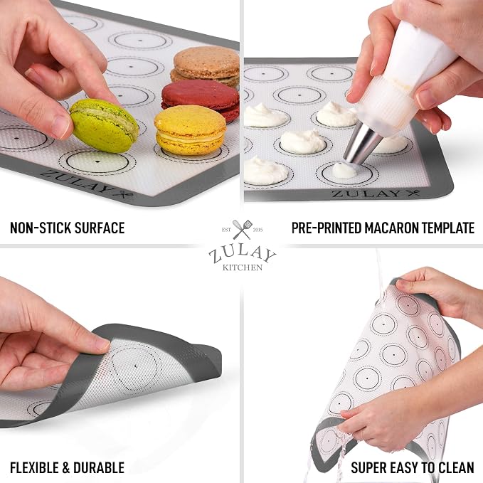 Zulay (Set of 4) Silicone Baking Mat - Macaron Silicone Baking Mats With Pre-printed Template Design - Non Stick & Reusable Silicone Baking Sheet - 2 Half Size + 2 Quarter Size (Gray)
