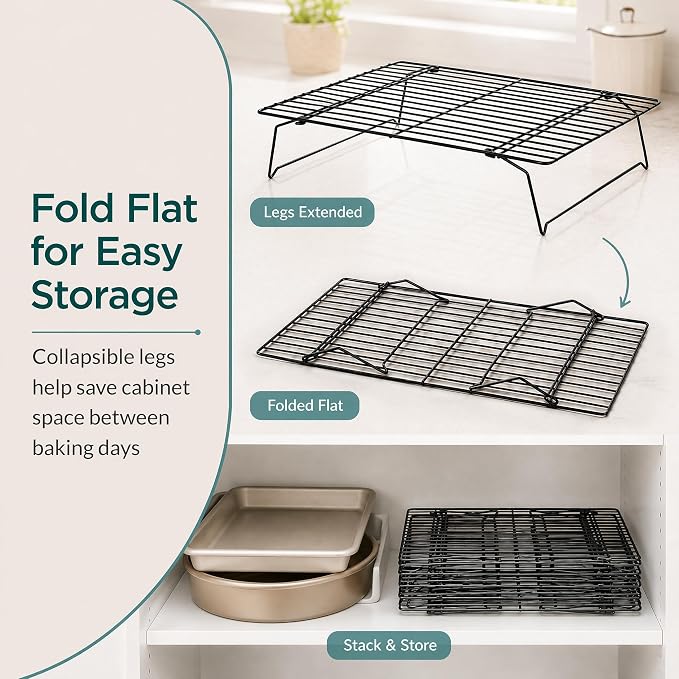 Kingrol 6-Piece Stackable Cooling Racks for Baking, Two 3-Tier Sets | Nonstick-Coated Steel, Foldable Legs, Stacked or Separate Use, Ideal for Cookies, Cupcakes, Pastries, Pies, and Cake Layers