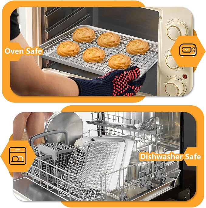 TeamFar Cookie Sheets with Cooling Racks, 2 Pans + 2 Racks, 10.5x8x1 Inch | Stainless Steel Small Toast Oven Tray Pan with Grid Rack for Baking Roasting Cooling, Non-Toxic & Heavy-Duty, Dishwasher Safe