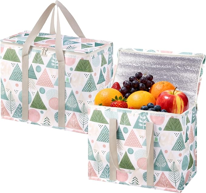 VENO 2 Pack Insulated Cooler Bag for Food Delivery, Reusable Grocery Bag | Heavy Duty Large Collapsible Cooler Shopping Tote w/ Zippers, Foldable, Stands Upright for Camping (Pastel Forest, 2 Pack)