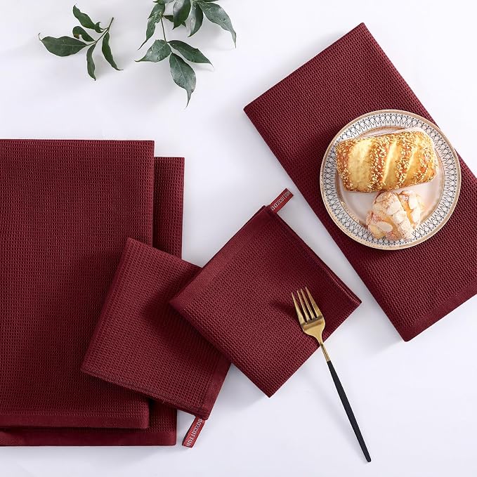 Homaxy 100% Cotton Waffle Weave Kitchen Towels, 4 Pack, Burgundy | Soft and Absorbent Dish Towels, 16 x 26 Inches Quick Dry Hand Towels