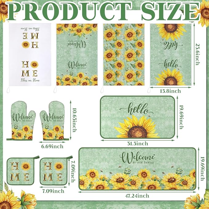 Fourluoo 10 Pcs Sunflower Kitchen Decor Set Dish Towels Kitchen Rugs Oven Mitts and Pot Holders Green Decor Set for Cooking Baking Grilling Women Mom Gift