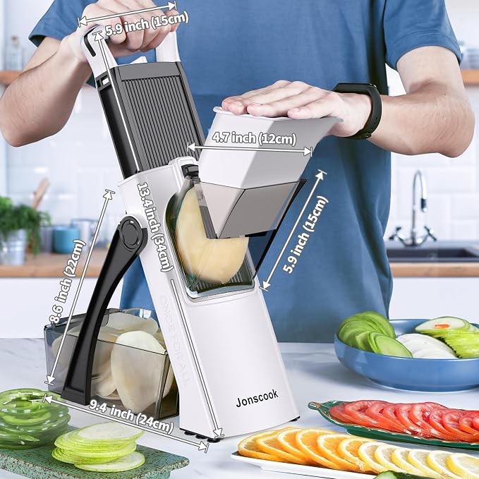 All-in-1 Safe Mandoline Slicer for Kitchen, Food Chopper with Container | 0.1-8mm Thickness Vegetable Chopper, Safe Mandoline Slicer, Potato French Fry Cutter Tomato Apple Slicer Onion (BlackWhite)