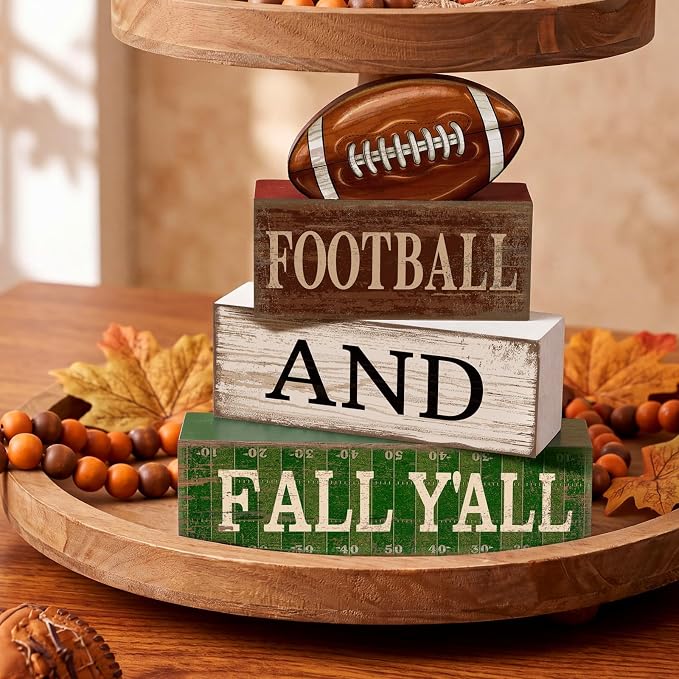 Lineshading 4 Pcs Fall Football Block Signs Wooden Farmhouse Decor | Rustic Wood Blocks with 3D Football Topper, Sport Theme Tiered Tray Decor for Table Shelf, Football and Fall Y'all Text