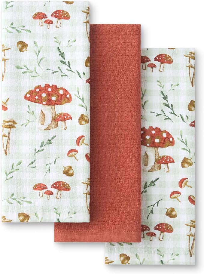 Martha Stewart Autumn Harvest Mushroom Plaid Kitchen Towel 3-Pack Set, 100% Cotton with Absorbent Terrycloth, Decorative Kitchen Towels, Burnt Orange/Green/White, 16"x28"