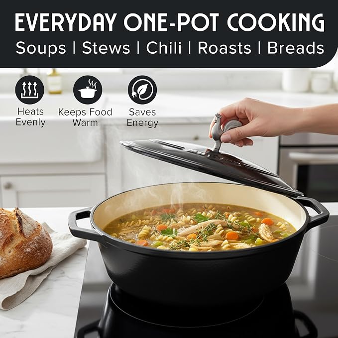 MUELLER HOME 5.5 Quart Enameled Cast Iron Oval Dutch Oven with Rooster Knob & Cotton Potholders, Heavy-Duty Cookware, Oven-Safe up to 500° F & Across All Cooktops, Gifts for Grandma & Women, Black | Rooster Knob, Cotton Potholders Included, Oven-Safe u...