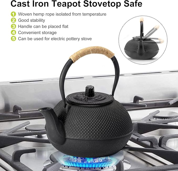 suyika Japanese Tetsubin Cast Iron Teapot Tea Kettle pot with Stainless Steel Infuser for Stovetop Safe Coated with Enameled Interior 22 oz/650 ml | Teapot Tea Kettle pot with Stainless Steel Infuser for Stovetop Safe Coated