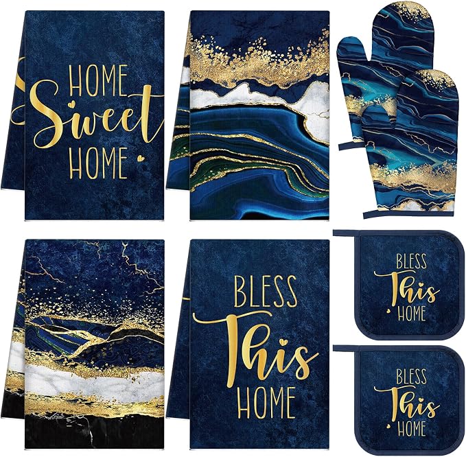 Leinuosen 8 Pcs Navy Blue and Gold Marble Kitchen Towels and Dishcloths Sets Oven Mitts and Pot Holders Absorbent Kitchen Gloves Potholders Heat Resistant for Chef Baking Cooking