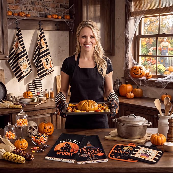 SiliFine 12 Pcs Halloween Spooky Kitchen Accessories Set Pumpkin Witch Pot Holders Ghost House Oven Mitts Spider Bat Kitchen Towels for Halloween Home Decorations, Cooking Baking