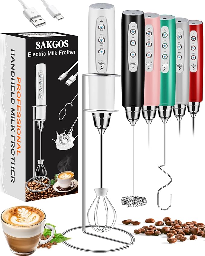 Milk Frother Wand Rechargeable Handheld Electric Whisk 3 Speed Adjustable | Coffee Frother Wand with 3 Stainless Whisks Electric Foam Maker Drink Mixer Blender for Latte Cappuccino Matcha Egg