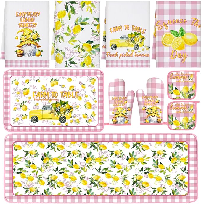 Fourluoo 10 Pcs Lemon Kitchen Decor and Accessories Set Lemon Kitchen Rugs Towels Pot Holders Oven Mitts Set for Cooking Baking Mom Housewarming Gifts