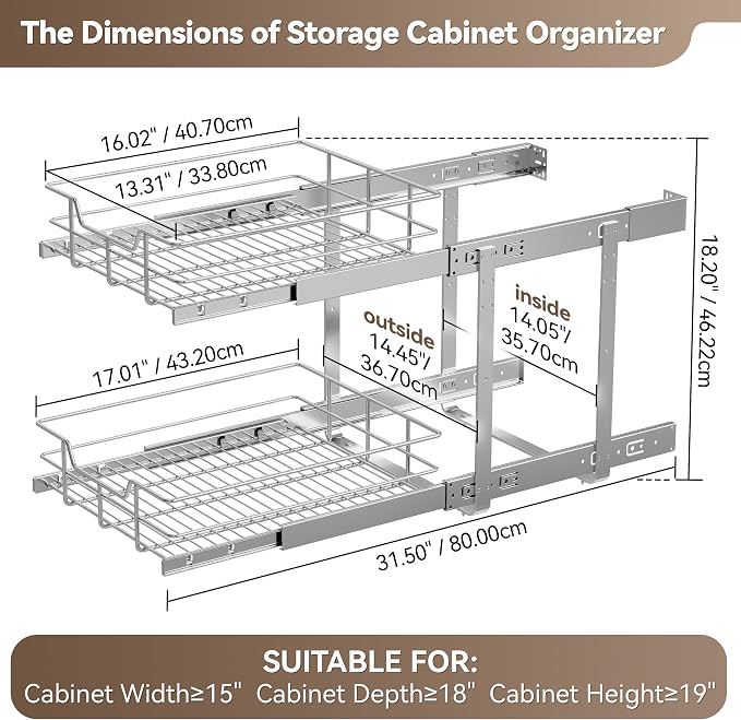 2 Tier Pull Out Cabinet Organizer 15" W X 17" D, Chromed, Full Slide Out | For Kitchen Organizers and Storage, Pull Out Drawers For Cabinets Capacity Heavy Duty Caddy, Cabinet Shelves, Bathroom Pantry