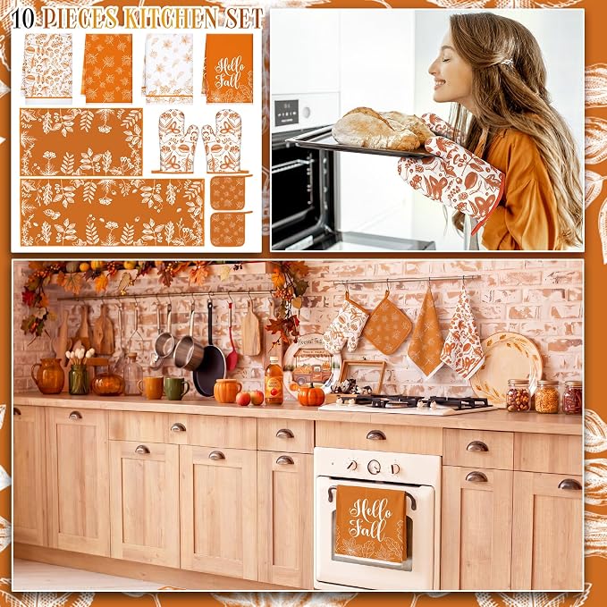 Fourluoo 10 Pcs Kitchen Dish Towels Rugs Oven Mitts and Pot Holders Set Farmhouse Kitchen Decor Set for Women Mom Daughter Gift Cooking Baking Grilling(Orange and White,Fall Leaf)