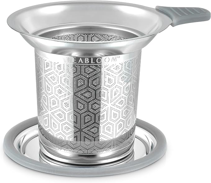 Teabloom Elegant Stainless Steel Loose Leaf Tea Infuser with Lid & Drip Tray – Extra Fine Mesh Basket for Mugs, Cups & Small Teapots – Food Grade Materials, Dishwasher Safe