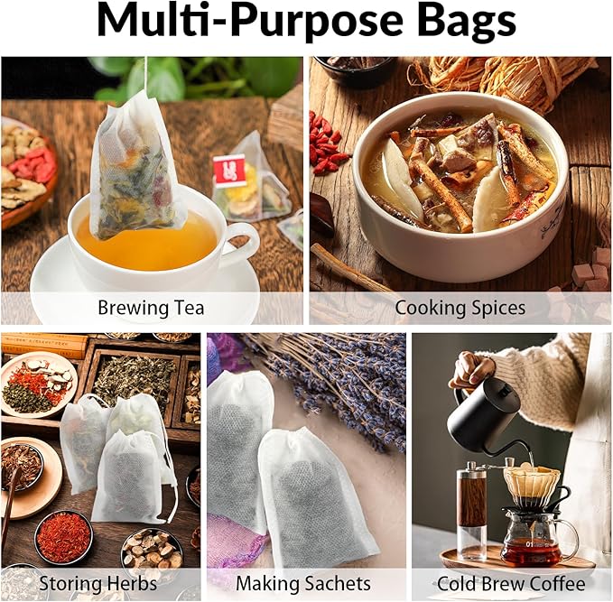300 Pcs Disposable Empty Tea Bags for Loose Leaf Tea | 3.54" x 2.75", Food-grade, with Drawstring, Safe for Hot Water Brewing, for Coffee, Herbs, Spices, Tea Filter Sachets Infuser