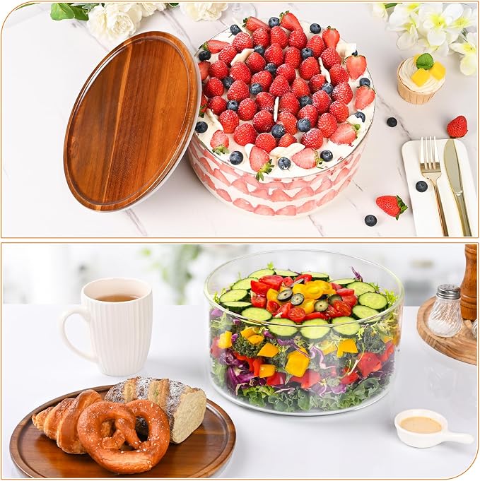 LOVYANXUE 197 oz Large Glass Salad Bowl with Acacia Wood Lid - Glass Trifle Bowl, Versatile Serving Bowls for Cake, Salad, Fruit, Baking, Dessert, Meal Prep, Storing, Microwave & Oven Safe, BPA Free