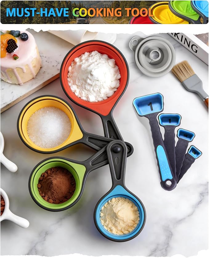 Measuring Cup and Spoon Set, Collapsible Measuring Cup, 8 Piece Measuring Tools and 1 Funnel, Engraved Metric/US Markings, for Liquid and Dry Measurements, Space Saving, BPA Free Silicone, Colorful