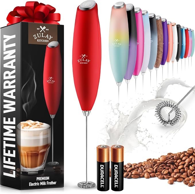 Zulay Powerful Milk Frother for Coffee with Upgraded Titanium Motor - Handheld Electric Whisk, Milk Foamer, Mini Mixer & Coffee Blender for Frappe, Latte, Matcha, No Stand - Fire Red
