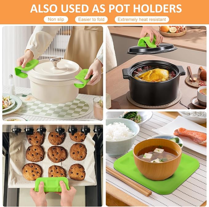 Silicone Trivets for Hot Pots and Pans, Pot Holders Hot Pads 6 Pack Silicone Mats for Kitchen Counter, Soft Durable Drying Mat, Jar Opener and Coasters (Green)