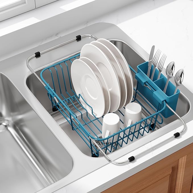 JASIWAY Blue Dish Drying Rack in Sink with Utensil Holder, RV, Apartment | Over Sink Expandable Stainless Steel Dish Drainers for Compact Kitchen, Space Saving, Fast Drain, Rustproof, For 1-2 people