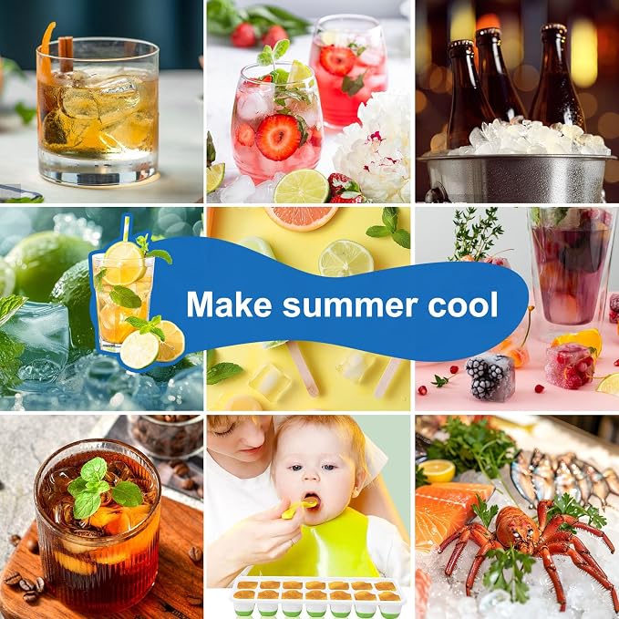 Ice Cube Trays with Lids for Freezer, 5 Pack Silicone Set, 70 Cubes | Easy-release silicone, stackable removable lids, BPA-free & dishwasher safe; for coffee, whiskey,cocktails, juice & baby food