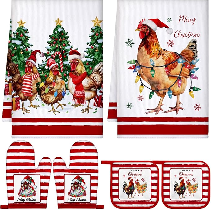 Leinuosen 6 Christmas Chicken Farmhouse Kitchen Decor Dish Towels Oven Mitts and Pot Holders Sets Chicken Kitchen Towels Absorbent Decorative Accessories for Cooking Baking Grilling