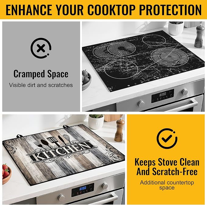 NYZE Extra Counter Space Stove Cover for Glass Top Stoves, 28" x 20" Vintage Kitchen Decorative Cooktop Protector, Heat Resistant Mat Pad for Kitchen Organization