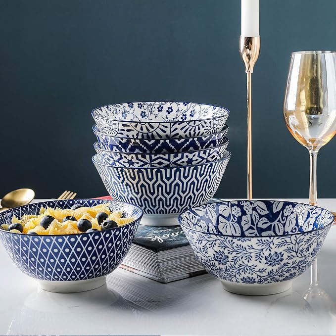 Selamica Blue and White Porcelain 20oz Cereal Bowl Set - Set of 6, 6 inch Soup Bowls, Ceramic bowls for Cereal, Soup, Salad and Pasta, Vintage Blue | Ceramic bowls for Cereal, Soup, Salad and Pasta