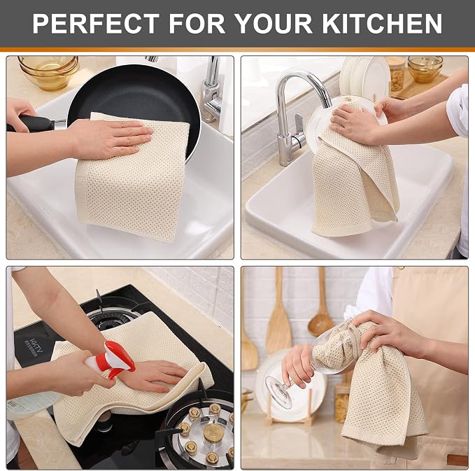 Kitinjoy 100% Cotton Waffle 4-Pack Kitchen Towels, 13" x 28", Beige | Super Soft, Ultra-Absorbent, Fast Drying, lightweight, Quick Drying Kitchen Hand Towels