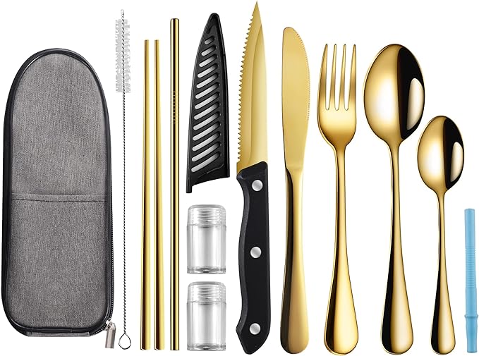 Logcow Travel Utensils with Case,Reusable Utensils,Portable Travel Camping Cutlery Set,Stainless Steel Flatware Set,Lunch Boxes Workplace Camping School Picnic (Gold)