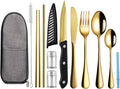 Logcow Travel Utensils with Case,Reusable Utensils,Portable Travel Camping Cutlery Set,Stainless Steel Flatware Set,Lunch Boxes Workplace Camping School Picnic (Gold)