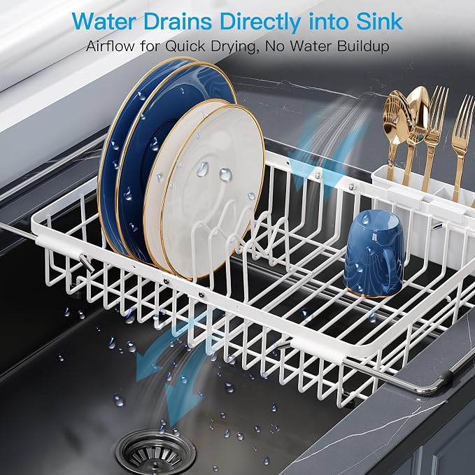 JASIWAY White Dish Drying Rack Over the Sink with Utensil Holder | Expandable Stainless Steel Dish Driainers for Small Kitchen, Counter Space Saving, Fast Drain, Rust Resistant, For Apartment