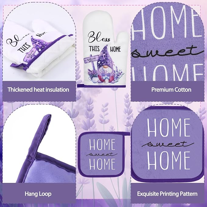 16 Pcs Lavender Kitchen Decor Set 4 Purple Kitchen Towels 4 Lavender Placemats 2 Non Slip Rugs and Mats for Floor 2 Spring Oven Mitts Gloves 2 Pot Holders 2 Floral Curtains for Home Decoration Gift