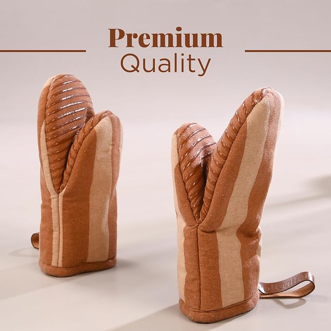 Folkulture Fall Oven Mitts, Brown, Set of 2, Heat Resistant - (5.75"x9") | 100% Cotton, Non Slip, Heat Resistant, Silicone, Cute Striped Mini Mits with Hanging Loop, Fall Kitchen Décor, Cooking Gifts
