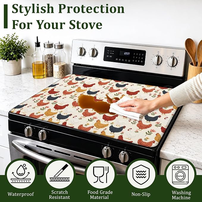 Cute Roosters Chicken Hens Stove Top Covers for Electric Stove,Plants Electric Gas Stove Pad Heat Resistant Range Cooktop Protector for Home Decor Kitchen 28.5"x20.5"
