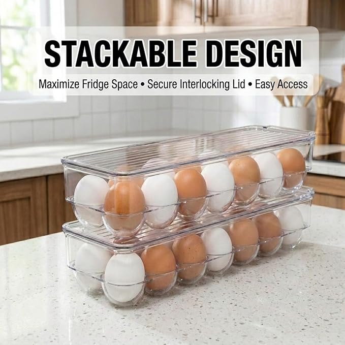 American Dream Fridge Bin Egg Holder for Refrigerator, 14-Egg Storage Container with Lid, Stackable BPA-Free Plastic Organizer Tray for Kitchen Fridge – Clear