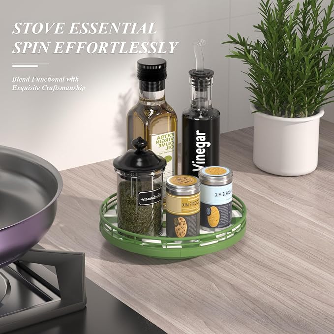 Green and White Checkerboard Lazy Susan with Rubberwood Base and Metal Rail | Smooth rotating oak tray with walnut finish for dining tables, kitchen counters, pantries and cabinet storage.