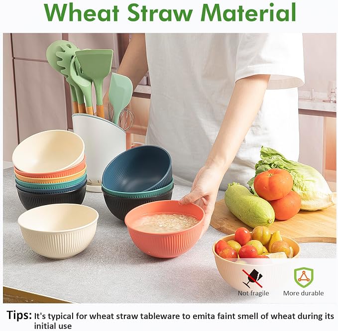 12-Pack of 24 oz Unbreakable Cereal Bowls, Reusable Plastic Lightweight Bowls, Made from Wheat Straw Fiber, Ideal for Salads, Soups, Ramen, Noodles, and Oatmeal