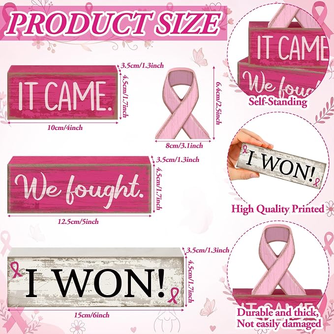Lineshading 4 Pcs Breast Cancer Wooden Block Signs Farmhouse Decor | Rustic Table or Tiered Tray Decor, Pink Ribbon Survivor Gift, Wooden Blocks with Inspirational Messages for Home Awareness