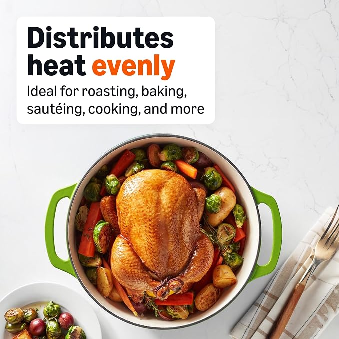 Amazon Basics Enameled Cast Iron Dutch Oven Pot with Lid, Round, Dual Handles, Heavy-Duty, Oven Safe for Stews, Roasting, Baking, 7.3-Quart, Green