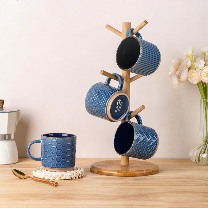 GBhome 6 OZ Stackable Coffee Mugs Set of 4, Ceramic Coffee Cups Set | 4 Assorted Designs, Embossed Mugs with Texture Patterns for Espresso/Tea, Dishwasher&Microwave Safe, Blue