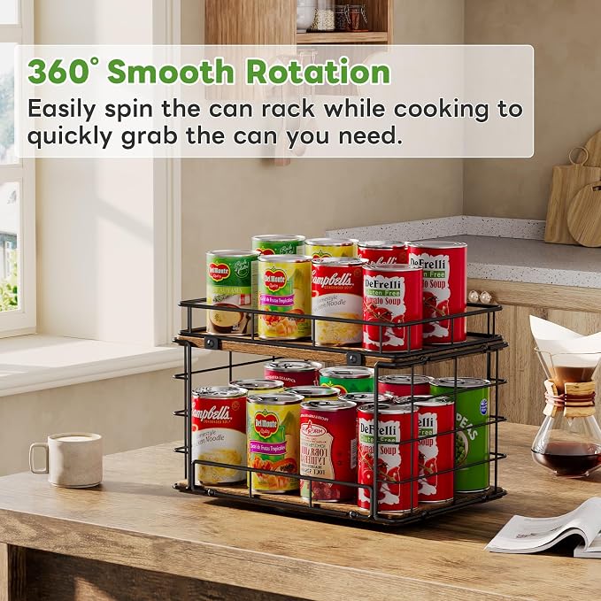 360° Rotating Lazy Susan Can Organizer for Pantry, Holds 26 Cans, Black | 2-Tier Soda Can Organizer, Metal Wire & Wood Shelf with Turntable Storage for Kitchen Cabinet, Pantry & Countertop