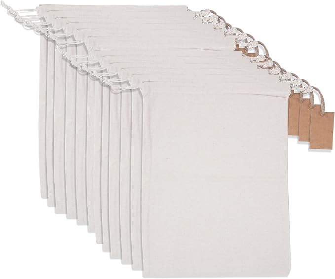 Marubhumi Cotton Storage Bags with Drawstrings Large 10x12 Inch - 12 Pcs Reusable Muslin Bulk Flour Sack Bag,Cotton Fabric Bread Bags Bulk Food Produce Natural Storage Bag