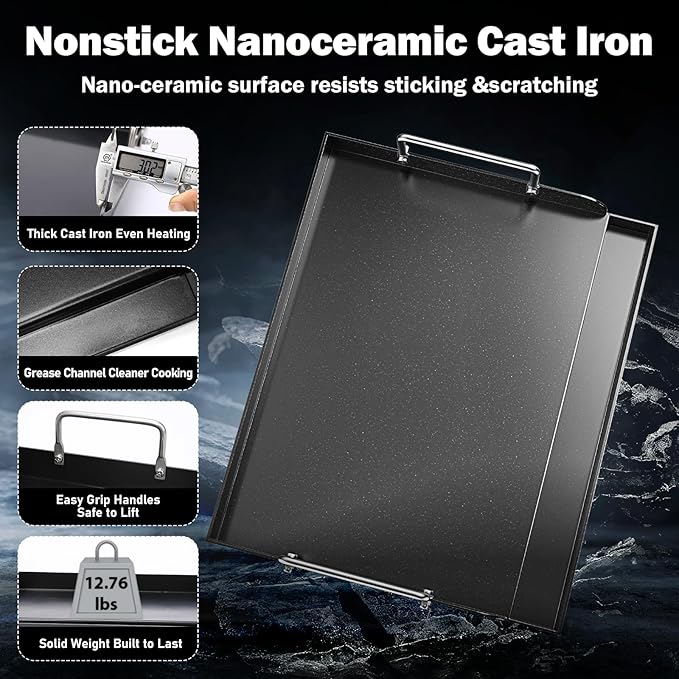 QuliMetal 17 x 13 Inch Cast Iron NanoCeramic Griddle for Gas Grills | Pre-seasoned flat-top griddle with nano ceramic nonstick coating for gas grills, charcoal grills and stove tops
