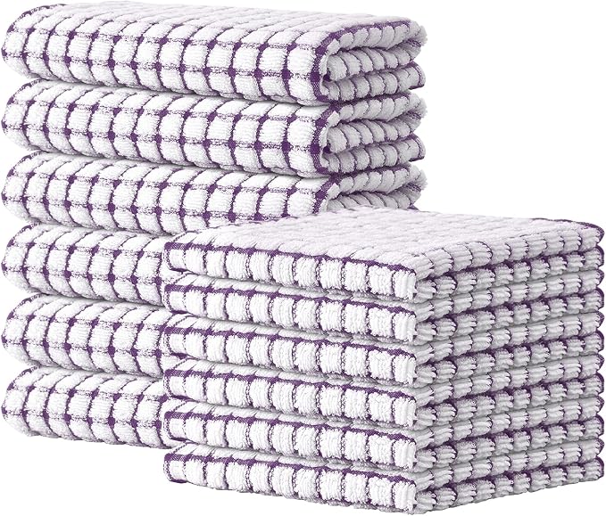 Kitinjoy Cotton 12 Pack Kitchen Towels and Dishcloths Sets, Purple | 16 x 25 Inch & 12 X 12 Inch Dish Towels Bulk, Super Soft and Absorbent hand towels for kitchen Drying