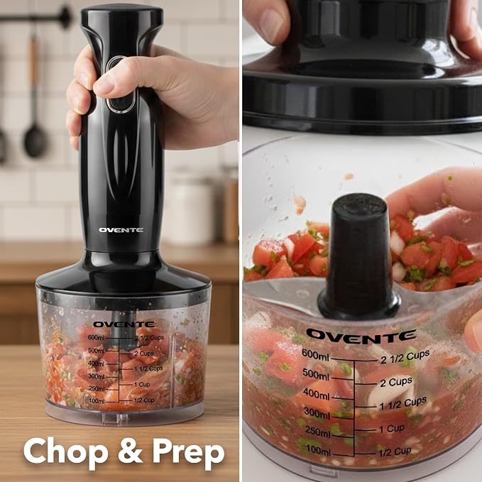 OVENTE Electric Hand Blender Set with 2 Mixing Speeds, 300W Black HS565B | Corded Immersion Handheld Stick Mixer with Stainless Steel Blades, Egg Whisk, Beaker & BPA-Free Food Chopper