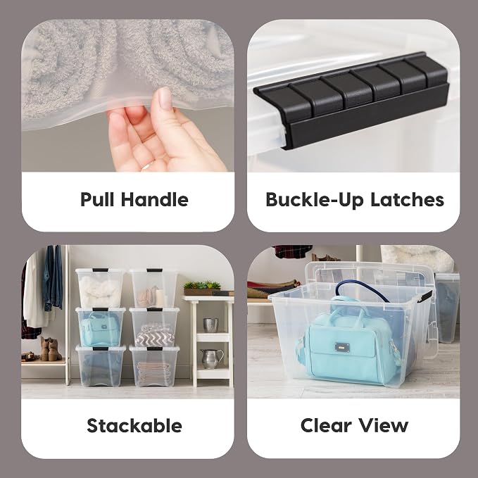 IRIS USA 6-Pack 54 Quart Storage Bins with Lids, Clear | Transparent design makes contents easy to find. Perfect for moving, blankets, clothing, and garage storage. Nestable design