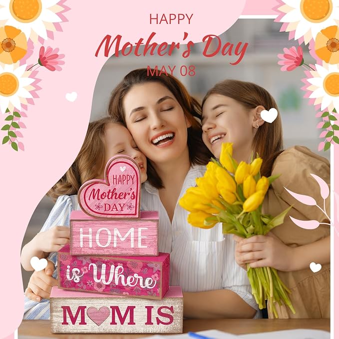 Lineshading 4 Pcs Wooden Block Signs Mothers Day Farmhouse Tabletop Decor | Stackable Tiered Tray Decor for Mom, Rustic Table Centerpiece Gift, Floral Wooden Pieces, Kitchen Shelf Farmhouse Accent